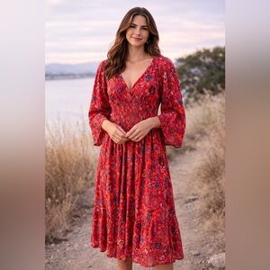 Nostalgia Red Floral Long Sleeve Dress